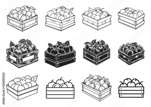 Wooden crate of ripe peaches silhouette vector illustration isolated on white background.