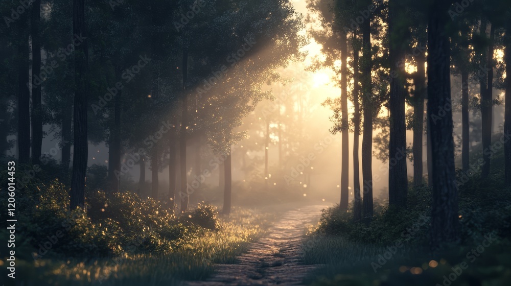 Naklejka premium A serene forest scene at sunrise