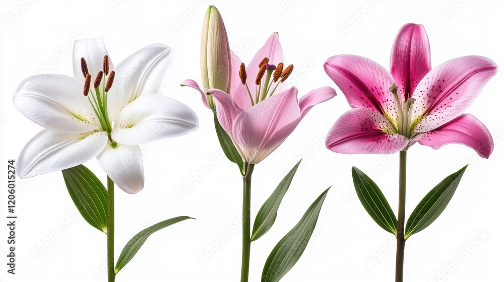 Fototapeta premium Three Beautiful Lily Flowers in White, Pink, and Red Shades