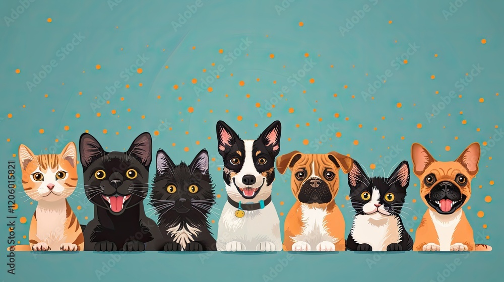 A colorful illustration of various cats and dogs lined up, showcasing their playful expressions. A colorful illustration of various cats and dogs lined up, showcasing their playful expressions.