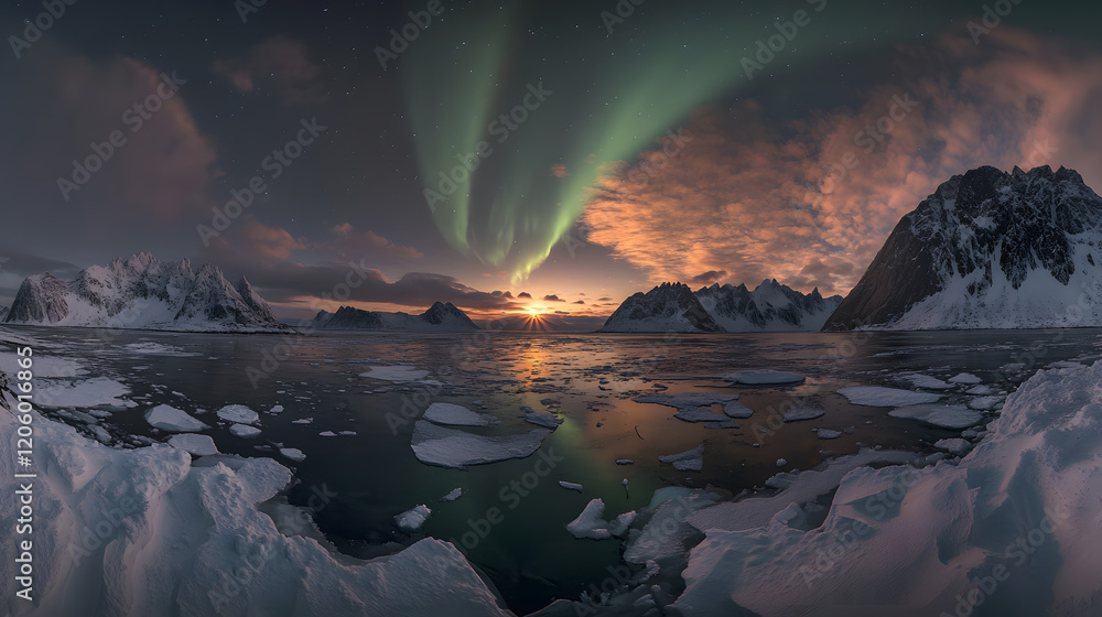Naklejka premium A mesmerizing aurora borealis glowing over a snow-covered mountain scene.
