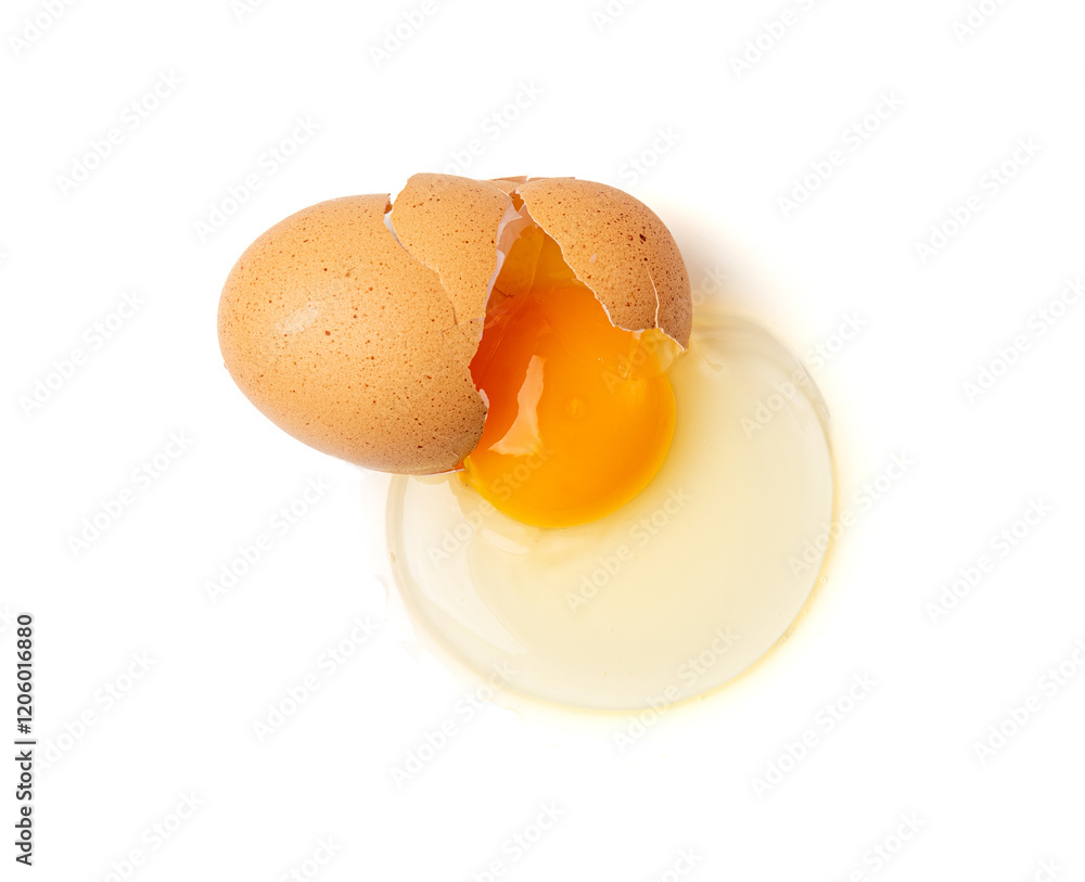 Broken Egg Isolated, Raw Yolk and White, Cracked Brown Shell, Fresh Broken Chicken Eggs on White Background Broken Egg Isolated, Raw Yolk and White, Cracked Brown Shell, Fresh Broken Chicken Eggs on White Background