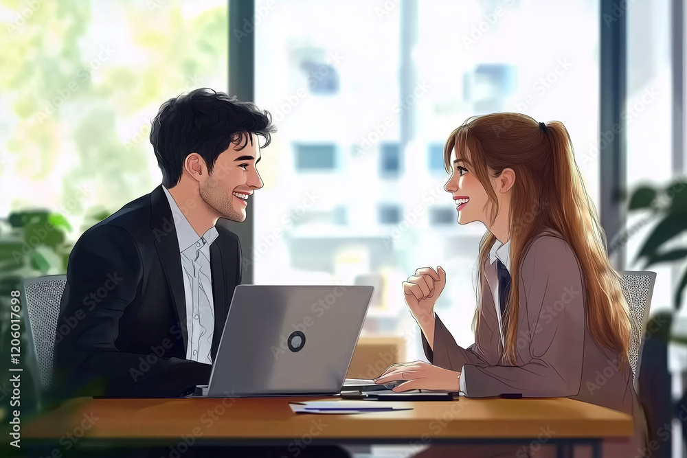 Business Executive Team Collaborating on Financial Project: Two Professionals Using Laptop at Office Desk Business Executive Team Collaborating on Financial Project: Two Professionals Using Laptop at Office Desk
