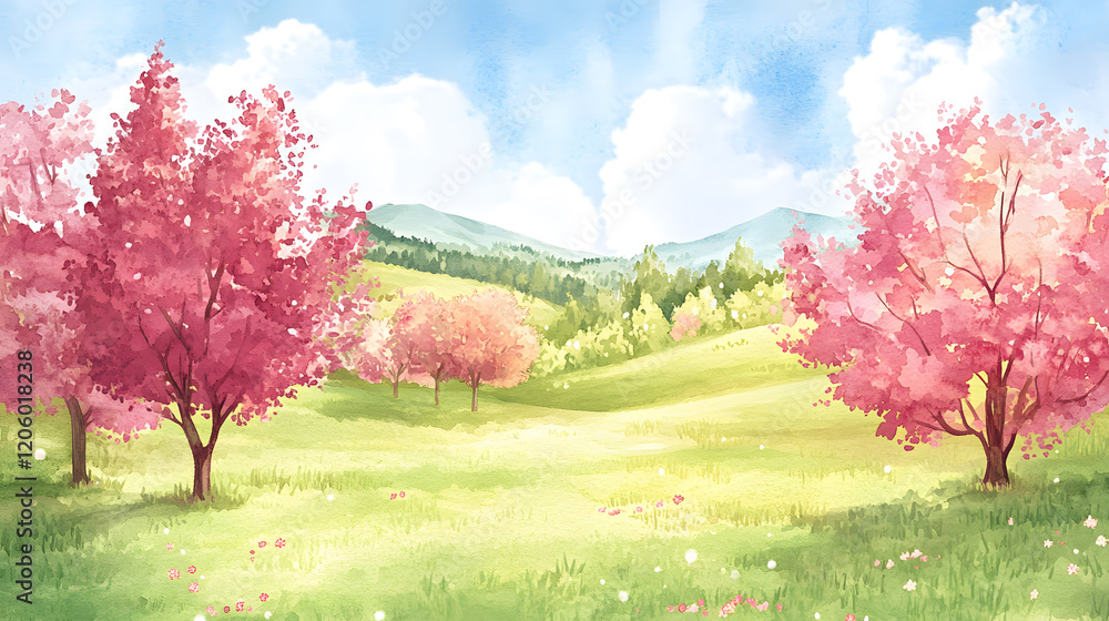 Obraz premium Rolling fields covered in blooming cherry trees under the spring sunshine.