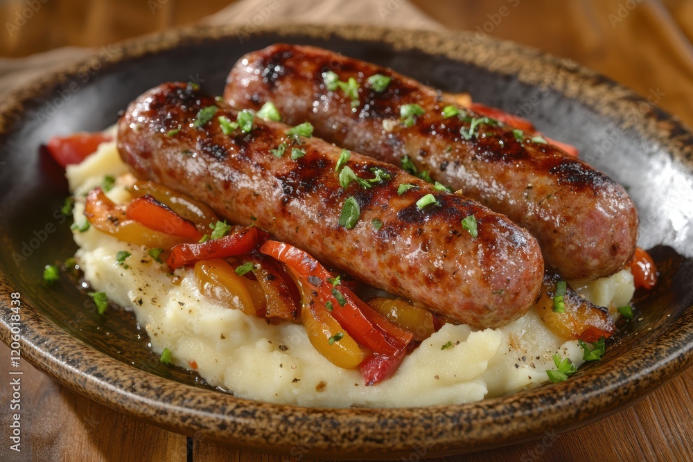 Rustic Italian Sausage with Peppers and Onions over Garlic Mashed Potatoes Rustic Italian Sausage with Peppers and Onions over Garlic Mashed Potatoes