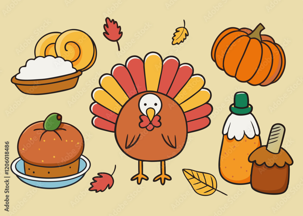 Fototapeta premium Happy Thanksgiving Day Vector Illustration with Turkey, Pumpkins, Leaves, and Various Other Elements