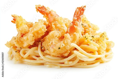 Spaghetii with tempura isolated on white background photo