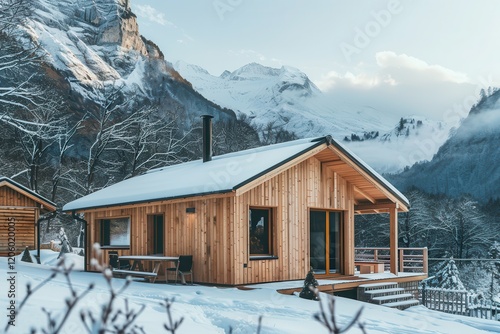 Minimalist A-frame house in a quiet winter mountain landscape, framed by deep snow.. photo