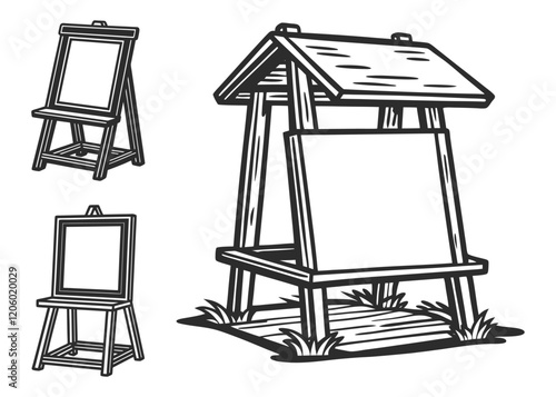 Blank Menu outdoor wooden stand silhouette vector illustration isolated on white background.