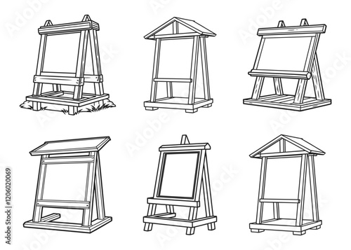 Blank Menu outdoor wooden stand line art style vector illustration isolated on white background.