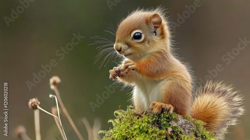 Adorable Baby Squirrel Eating a Nut on Mossy Rock