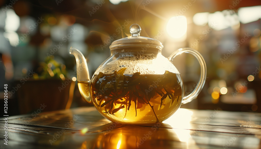 a teapot with tea awaits enjoyment in the morning in cafe a teapot with tea awaits enjoyment in the morning in cafe