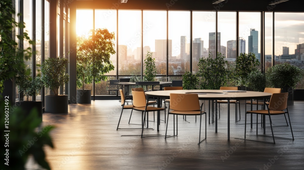 Fototapeta premium Spacious boardroom features a circular table surrounded by modern chairs, large windows showcasing an urban skyline, perfect for corporate gatherings
