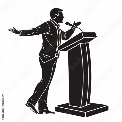 Black Silhouette of a speaker giving a conference speech at a podium