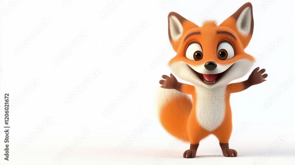 Obraz premium Cheerful orange fox character with a big smile and outstretched arms in a bright setting