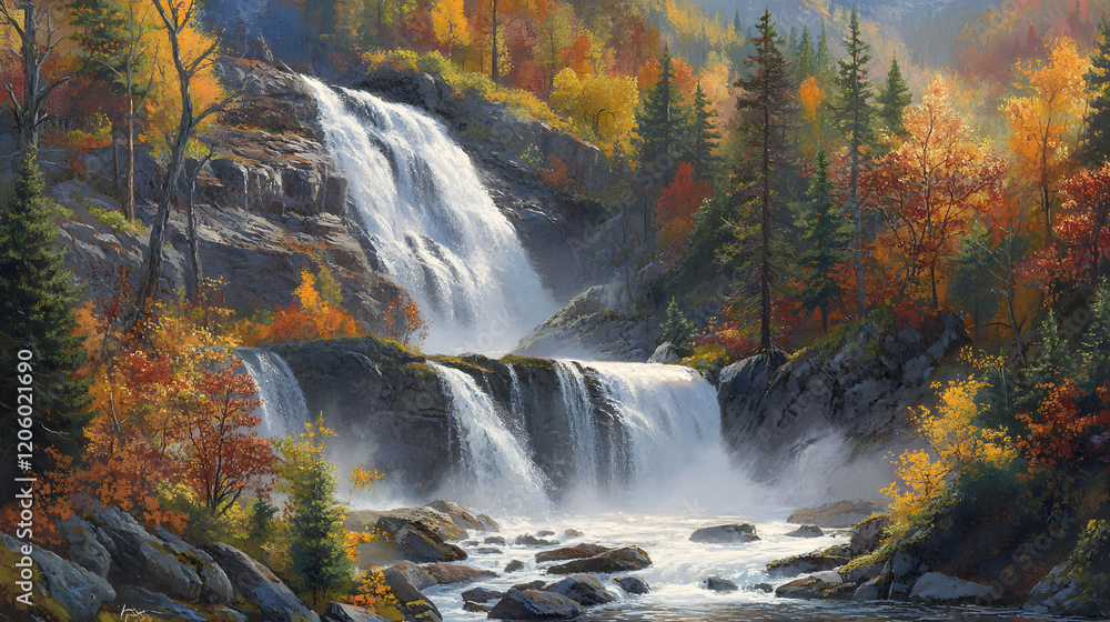 A vibrant autumn waterfall surrounded by colorful trees and calm waters. A vibrant autumn waterfall surrounded by colorful trees and calm waters.
