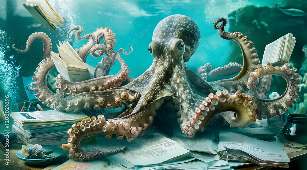 Obraz premium Octopus Organizing Office A Unique Workspace Underwater with Books and Papers