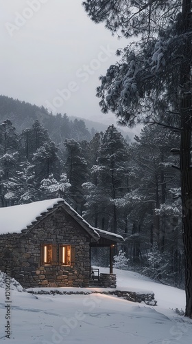 Modern stone house with clean lines, surrounded by a blanket of fresh white snow.. photo