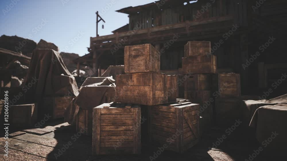 The sun illuminates a collection of wooden crates piled in front of an old, rustic warehouse. Dust covers the ground, creating a rugged atmosphere reminiscent of long abandoned places. The sun illuminates a collection of wooden crates piled in front of an old, rustic warehouse. Dust covers the ground, creating a rugged atmosphere reminiscent of long abandoned places.
