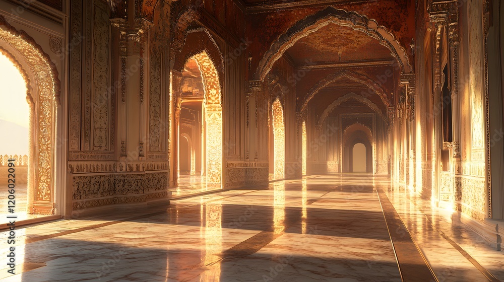 Obraz premium Golden Palace Hallway Sunlit Arches Intricate Design