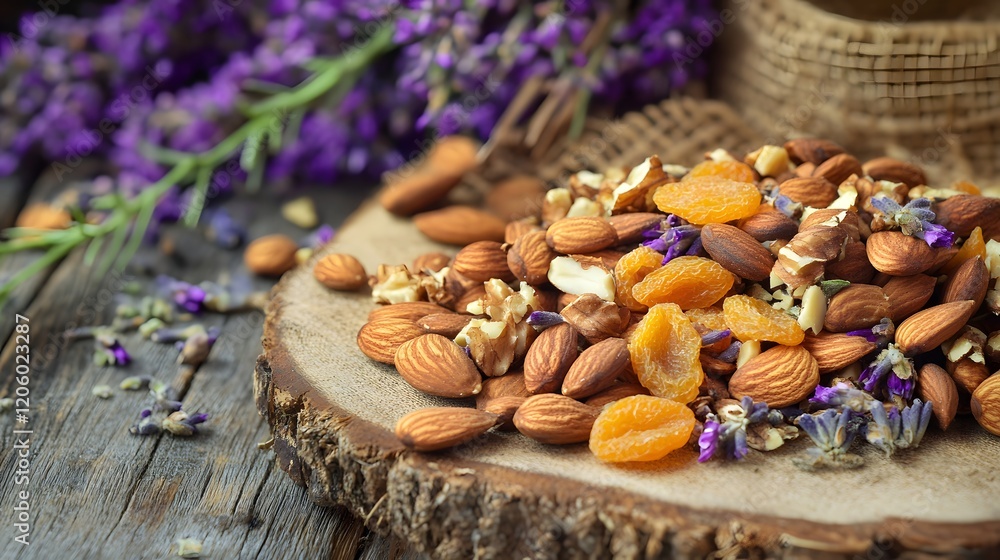 Mixed nuts and dried apricots arranged on a wooden surface amongst purple flowers, perfect for a healthy snack Mixed nuts and dried apricots arranged on a wooden surface amongst purple flowers, perfect for a healthy snack