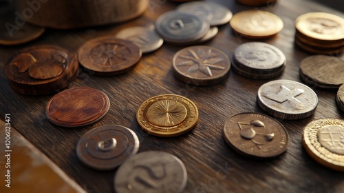 investment concept with coins and retirement savings plan on a wooden table, featuring a variety of coins including gold, brown, and wood coins, as well as a small coin photo