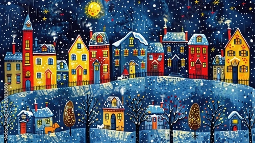 Wallpaper Mural A colorful winter village scene with snow, festive lights, and a bright moon. Torontodigital.ca
