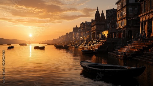 A serene sunset casts golden hues over a river, with boats and buildings lining the banks, creating a tranquil atmosphere.