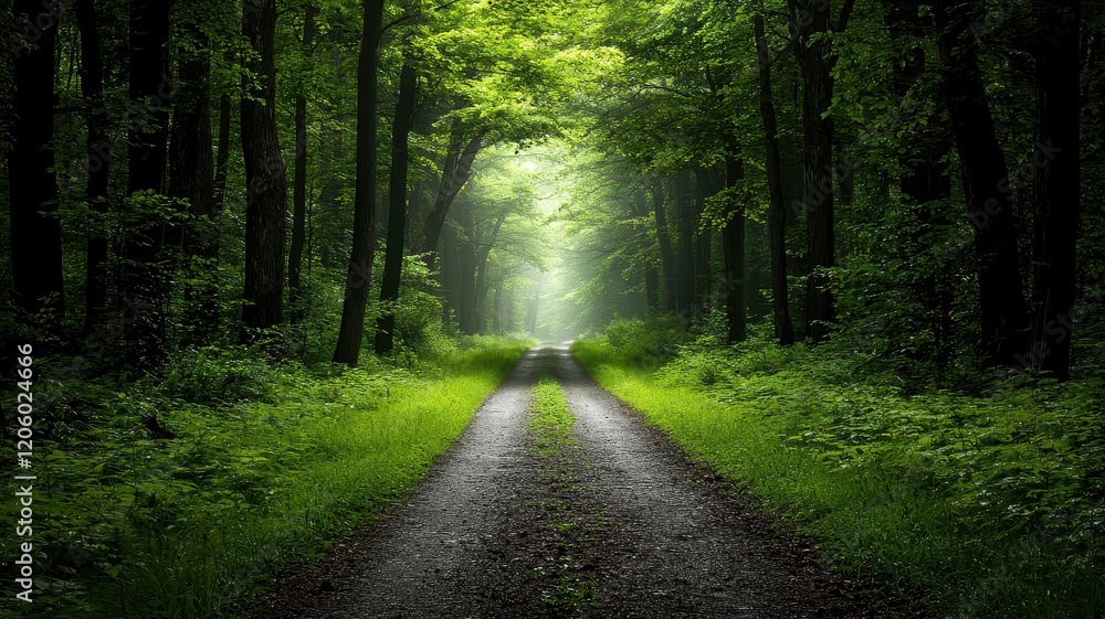 Fototapeta premium A serene forest pathway illuminated by soft light, surrounded by lush greenery and tall trees, inviting exploration and tranquility.