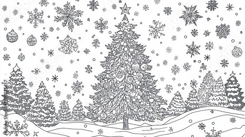 Festive holiday coloring page featuring decorated Christmas trees and falling snowflakes in a winter scene