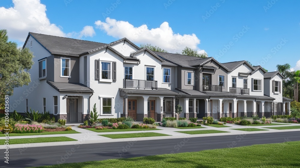 A row of modern townhouses with gray metal roofs and white walls, each house has an exterior balcony on the second floor Generative AI A row of modern townhouses with gray metal roofs and white walls, each house has an exterior balcony on the second floor Generative AI