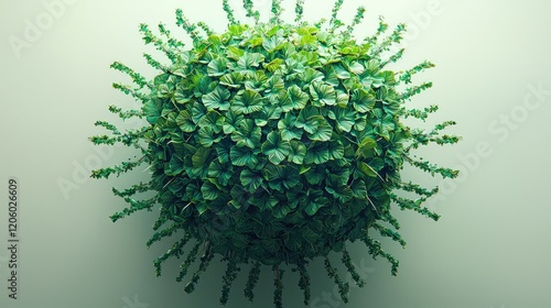 Abstract green sphere with leaf-like structures, resembling a virus or cell. photo