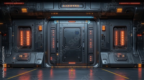 Fototapeta Naklejka Na Ścianę i Meble -  Futuristic spaceship corridor door, glowing lights, metallic walls, sci-fi background, ideal for game design