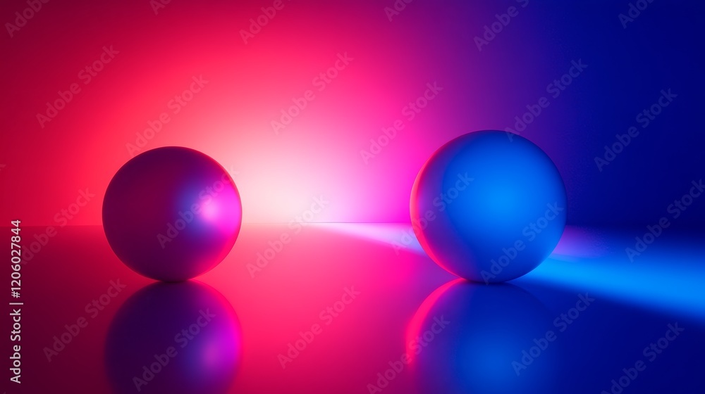 Two glossy spheres illuminated by vibrant pink and blue light on a reflective surface. Two glossy spheres illuminated by vibrant pink and blue light on a reflective surface.