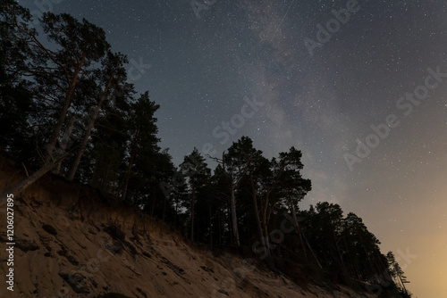 Fototapeta Naklejka Na Ścianę i Meble -  The Milky Way shines above a sandy cliff and coniferous forest on the Baltic Sea coast on a moonless night in Estonia.