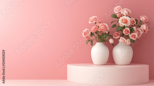 Pink roses in vases on a round pedestal photo