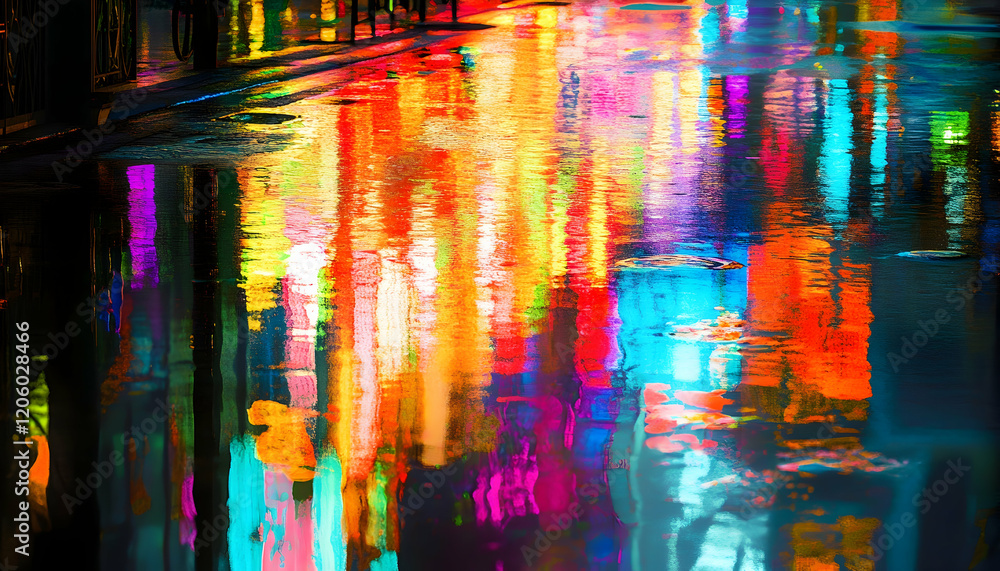 Fototapeta premium Neon-lit city street at night, reflecting vibrant multi-colored lights in puddles and water, creating a mesmerizing abstract scene AI Generated