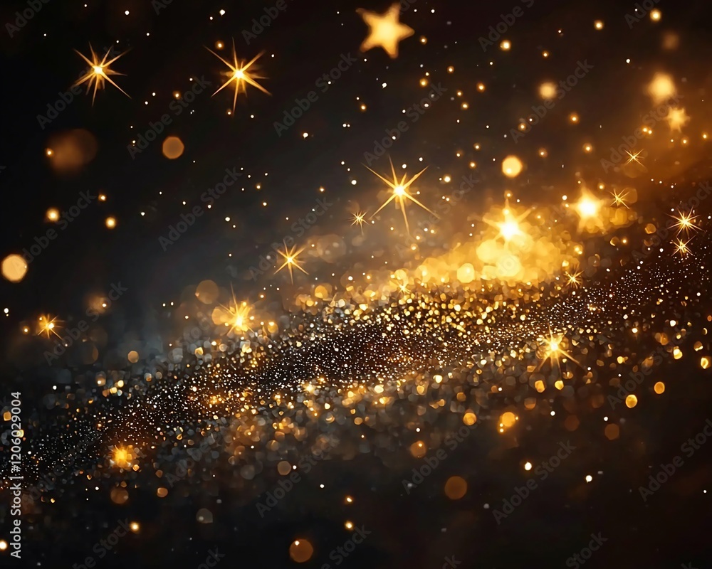 Obraz premium Golden glitter and stars on black background.