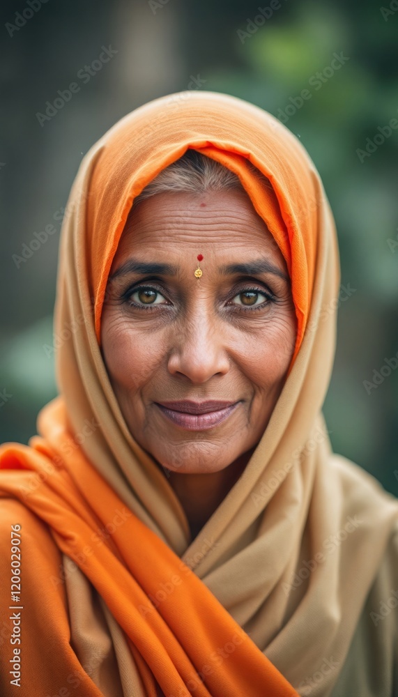 Portrait of a woman in a traditional orange and beige headscarf with a red bindi Portrait of a woman in a traditional orange and beige headscarf with a red bindi