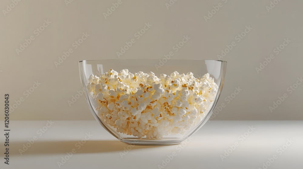 A sleek, round glass bowl filled with fluffy popcorn A sleek, round glass bowl filled with fluffy popcorn
