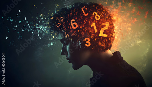 Numbers emerging from a person's head, symbolizing mathematical thought and intelligence AI Generated