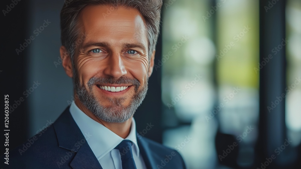 Confident businessman smiles in a modern office environment during a bright afternoon meeting with clients