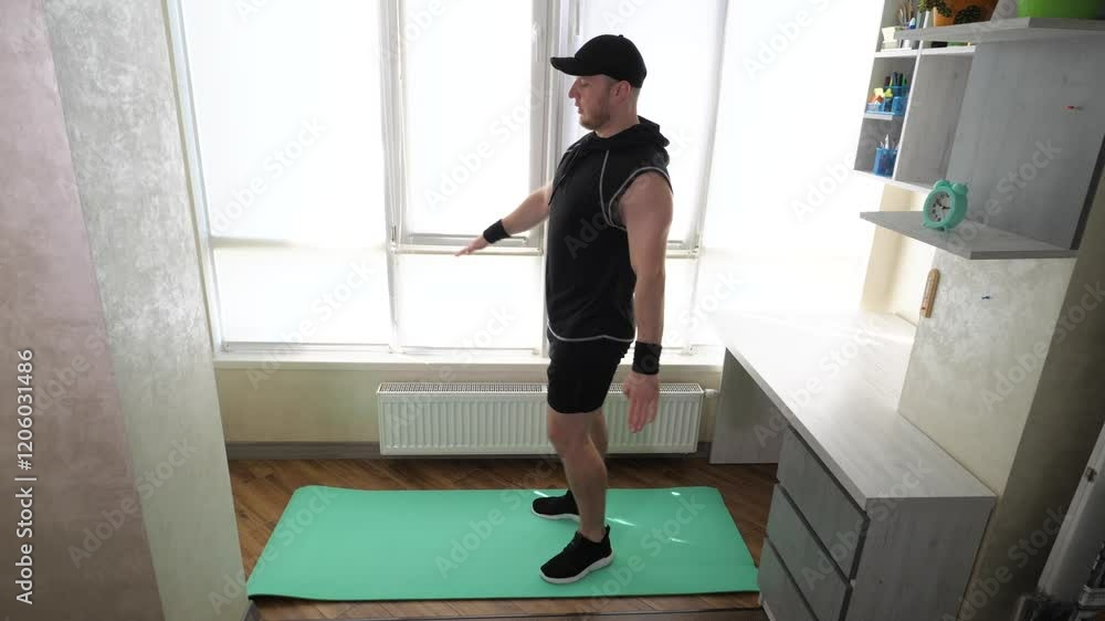 Leg swings during training at home. A guy in a black sports uniform is doing sports on a fitness mat. Slow motion, Leg swings during training at home. A guy in a black sports uniform is doing sports on a fitness mat. Slow motion,