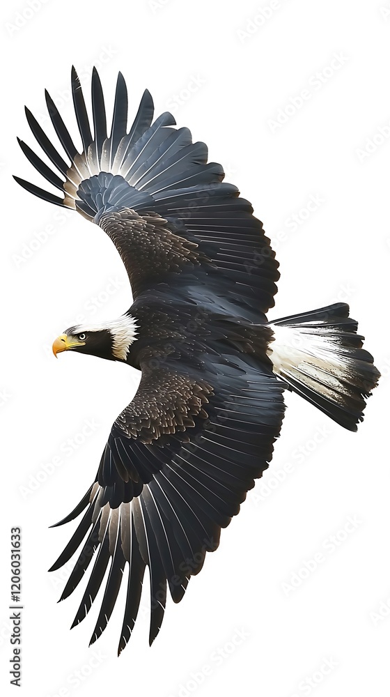 Fototapeta premium A striking eagle with its wings spread out in an elegant arc, its feathers detailed and sharp, positioned against a pure white background