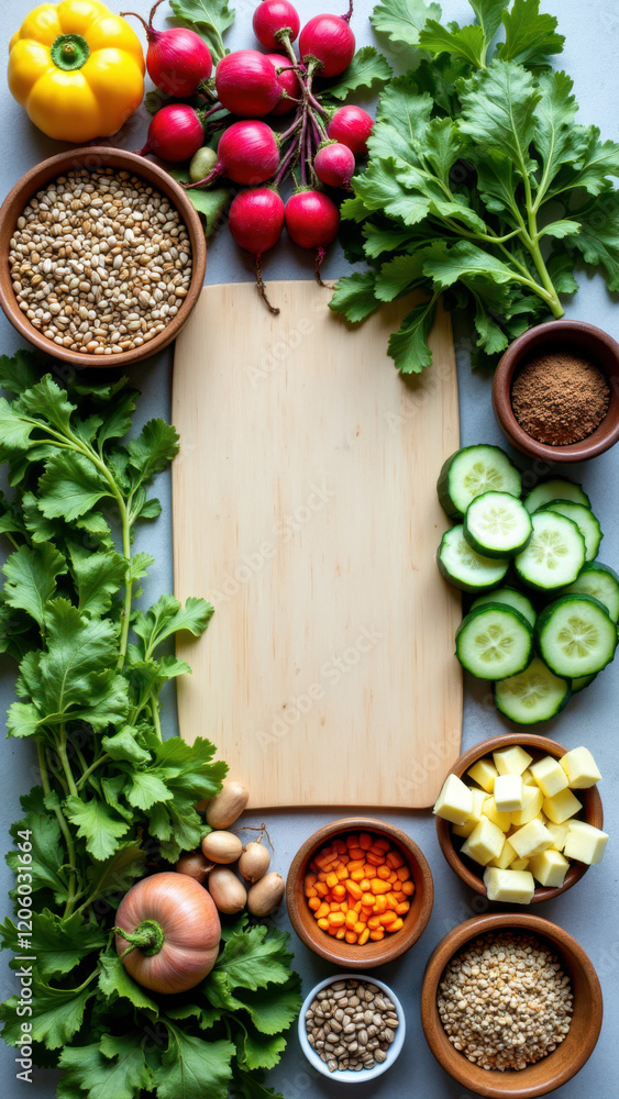 A variety of fresh vegetables, grains, seeds, and legumes arranged on a cutting board, with some ingredients placed in bowls, suggesting preparation for a healthy meal. A variety of fresh vegetables, grains, seeds, and legumes arranged on a cutting board, with some ingredients placed in bowls, suggesting preparation for a healthy meal.