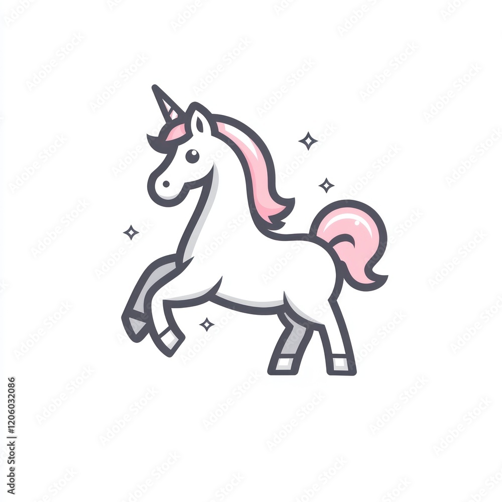 Obraz premium Cute unicorn prancing, white background, magical sparkles, children's illustration