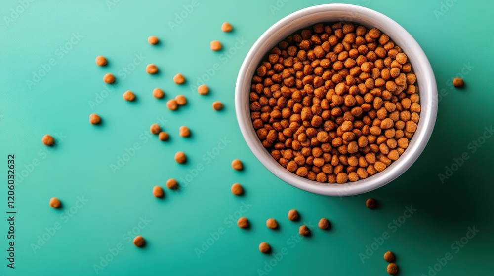 Bowl filled with dry pet food pellets on green background some scattered Bowl filled with dry pet food pellets on green background some scattered