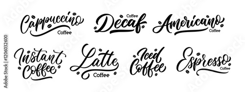 Set of coffee names lettering design isolated on white background. Cappuccino, decaf, americano, instant, latte, iced, espresso.