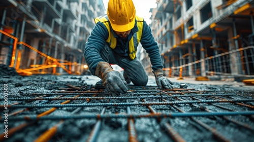 A construction worker kneels on a site, preparing rebar in wet concrete for a building project.