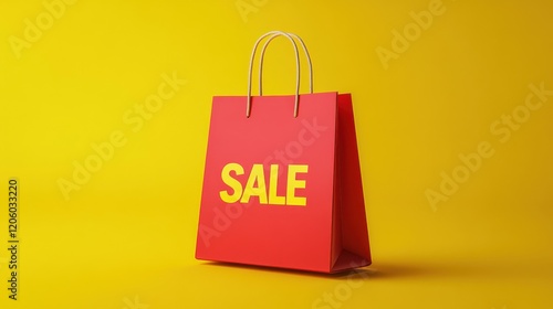 Red shopping bag with 'SALE' text on a yellow background, perfect for advertisements, marketing, and sales promotions. photo